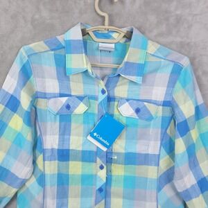 Columbia Womens Large Blue Plaid Camp Henry III Long Sleeve Button Up Shirt